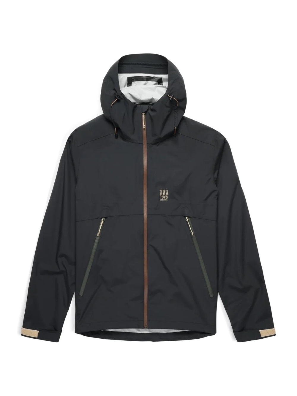 Topo Designs Men's Black Hooded Rain Jacket with Brown Accents